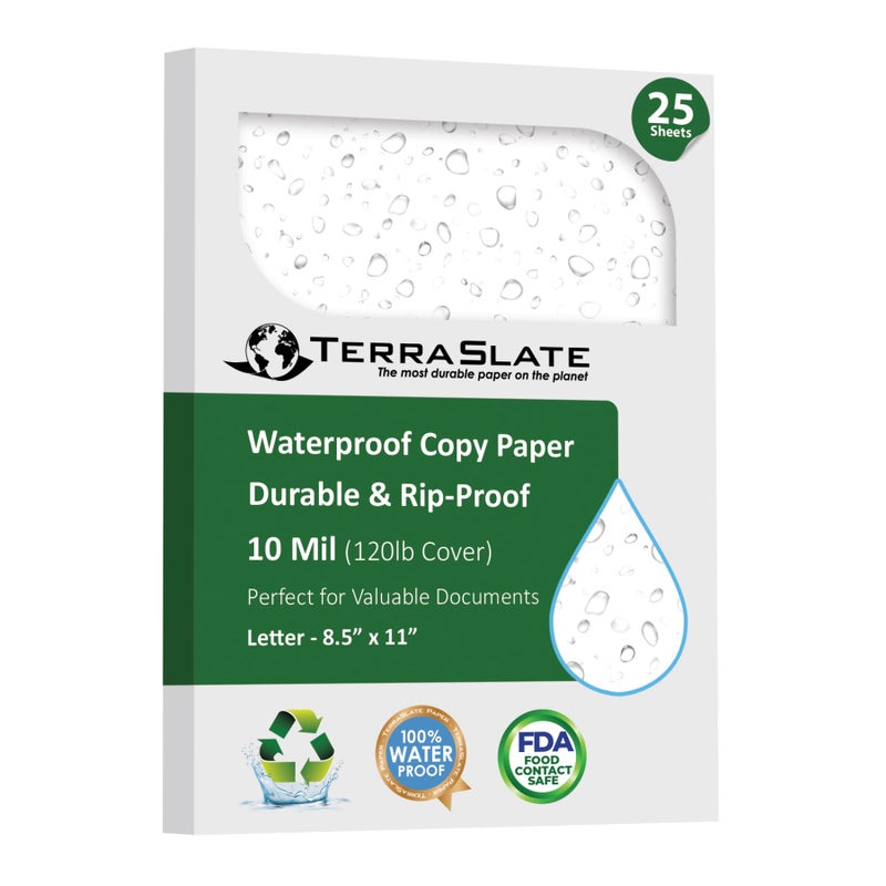 TerraSlate Premium Rain/Weather/Waterproof Paper, 10 MIL 8.5 x 11 Inches, Bright White, Durable Printer Paper (25 Sheets) - Image 1